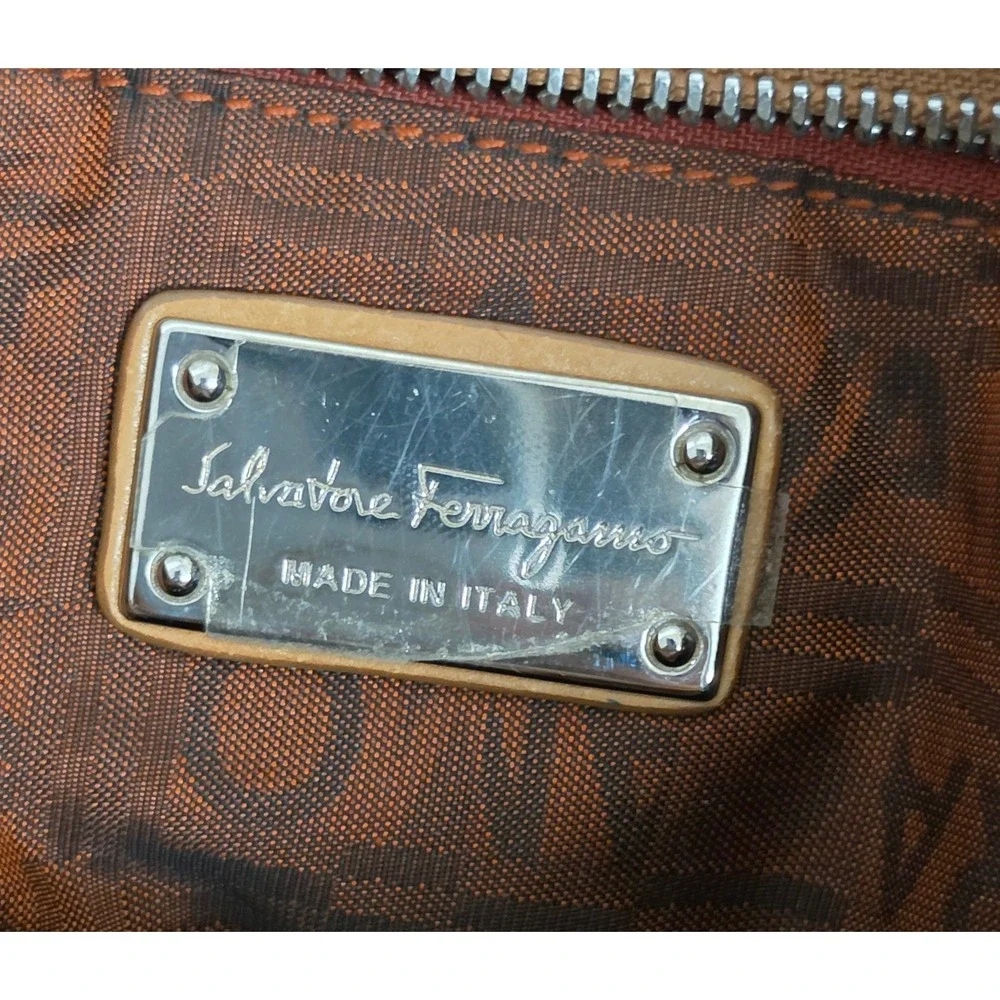 Salvatore Ferragamo Tan Leather Paneled Tote Bag Silver Chain Strap Italy